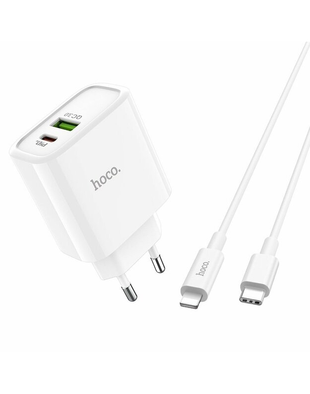 Įkroviklis buitinis Hoco C57A USB Quick Charge 3.0 + PD (3.1A) + Type-C-Lightning, baltas