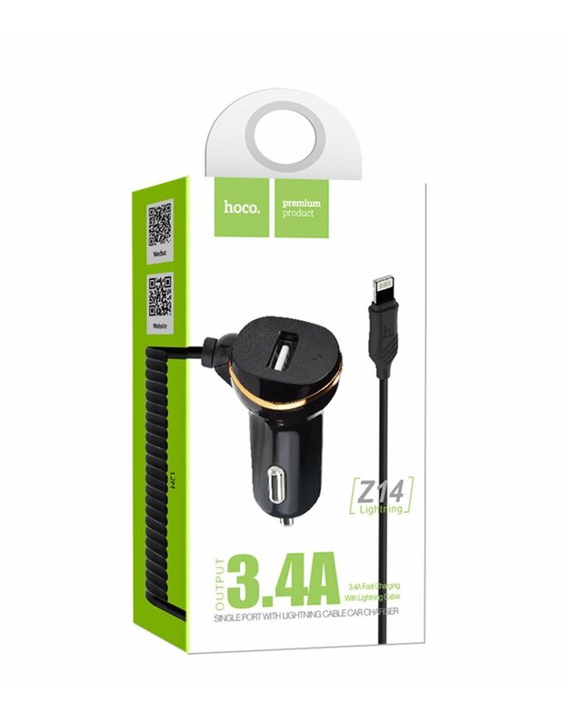 ĮKROVIKLIS AUTOMOBILINIS HOCO Z14 USB + LIGHTNING (3.1A) JUODAS