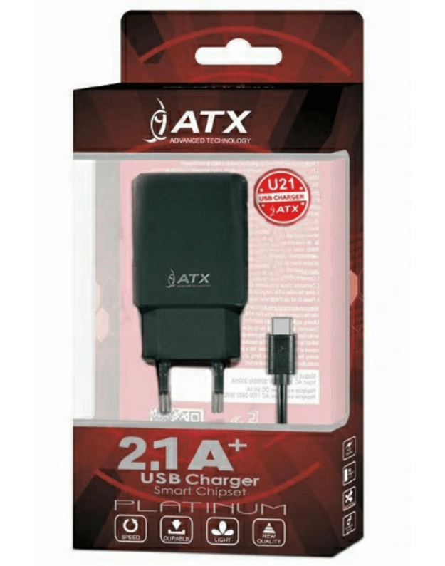 Telefono buitinis įkroviklis, komplektas U21 ATX 2, 1A 2xUSB + CABLE TYPE C 