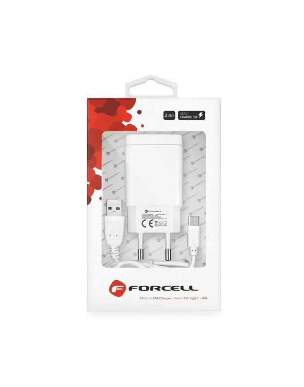 Telefono buitinis įkroviklis „Forcell“ su C-2,4A tipo USB lizdu su „Quick Charge 3.0“ funkcija