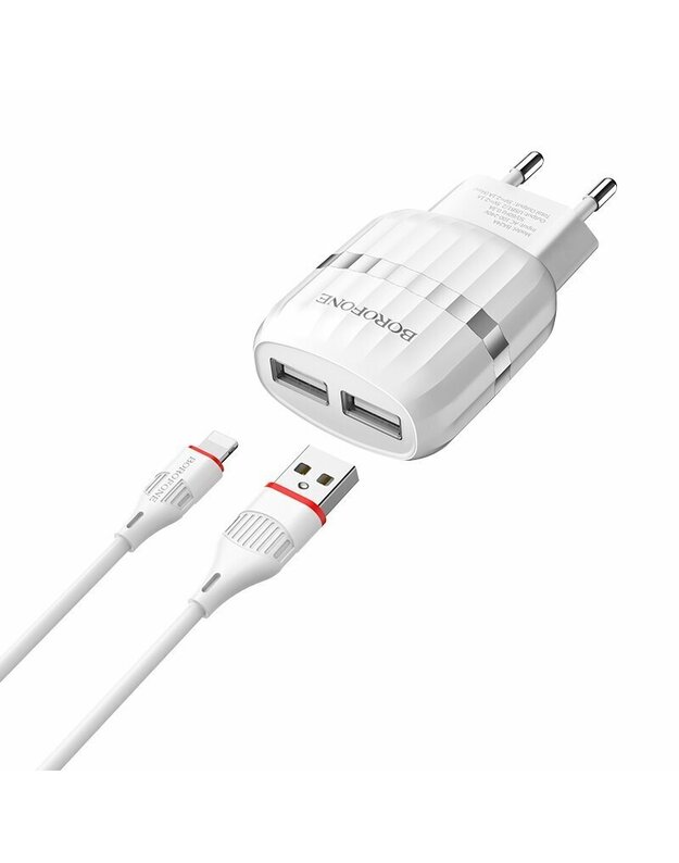 Įkroviklis buitinis Borofone BA25A su dviem USB jungtimis + Lightning (2.1A) baltas 