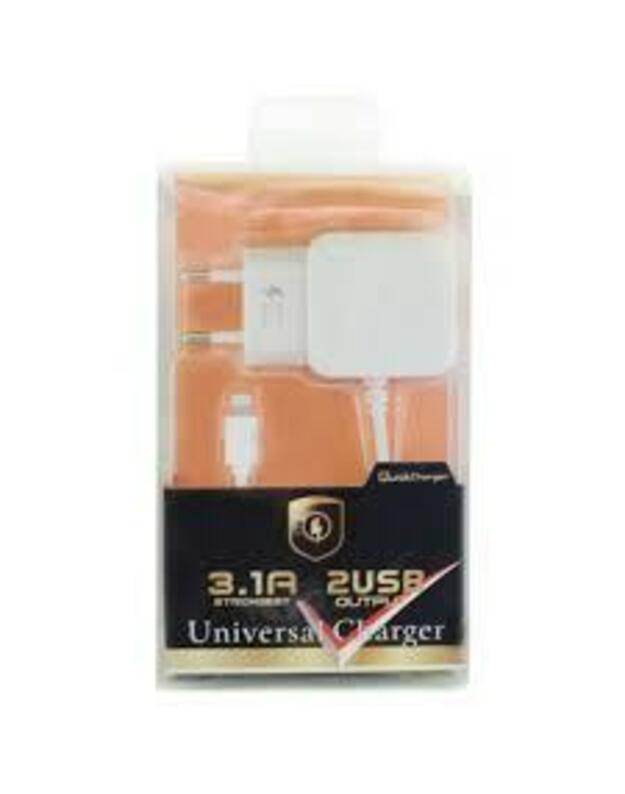 Telefono buitnis įkroviklis F13c FastCharging su 2 USB jungtimis (3.1A) Lightning baltas