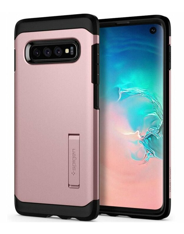 Rausvai auksinės spalvos dėklas Samsung Galaxy S10 telefonui "Spigen Tough Armor"