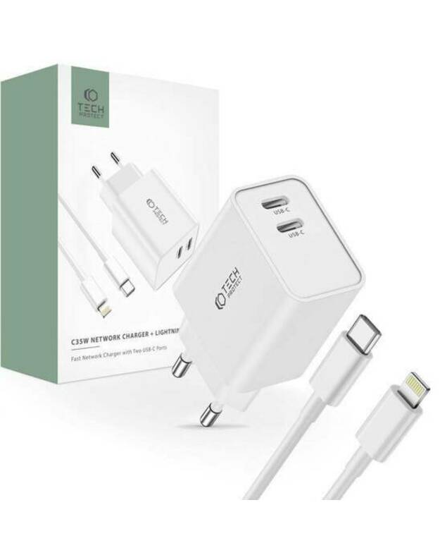 Sieninis įkroviklis 2x USB-C PD 35W + USB-C laidas - Žaibo baltas