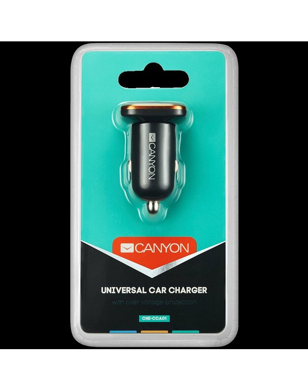 „CANYON C-01“ universalus 1xUSB automobilio adapteris, įvestis 12V-24V, išvestis 5V-1A, juoda gumos danga su oranžiniu galvanizuotu žiedu (be LED apšvietimo), 51,8 * 31,2 * 26,2 mm, 0,016 kg