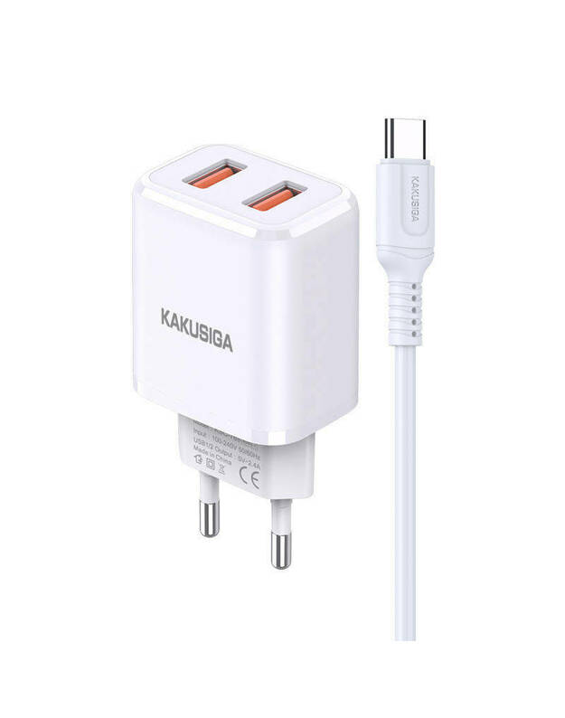 Sieninis įkroviklis 2,4A 2x USB + kabelis USB - USB-C KAKUSIGA KSC-793 baltas