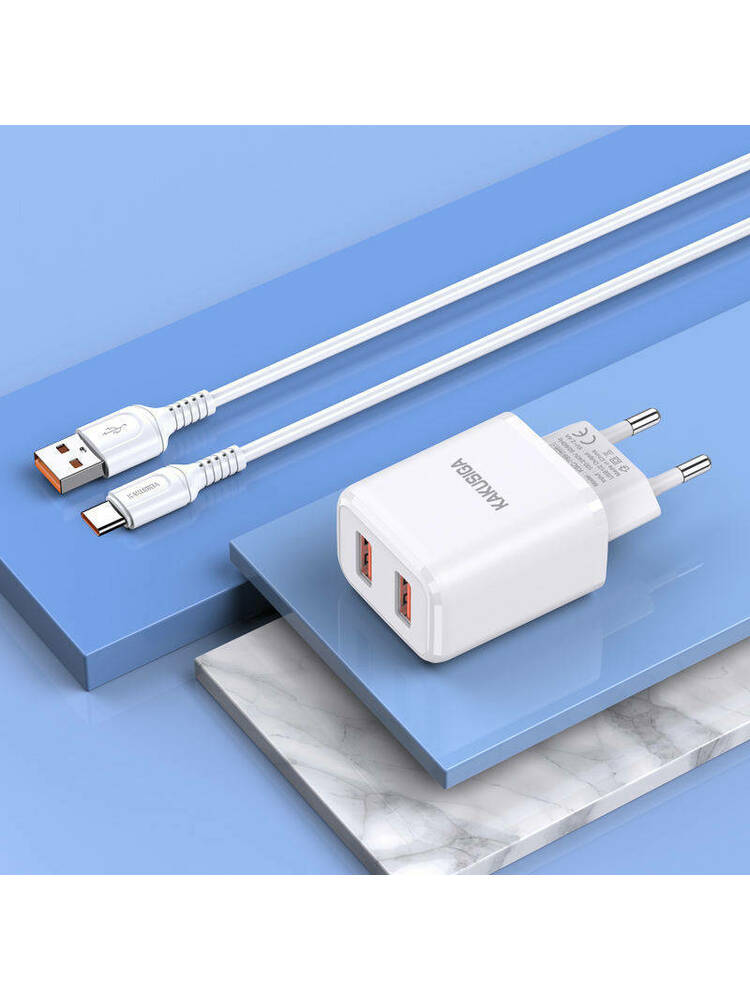 Sieninis įkroviklis 2,4A 2x USB + kabelis USB - USB-C KAKUSIGA KSC-793 baltas