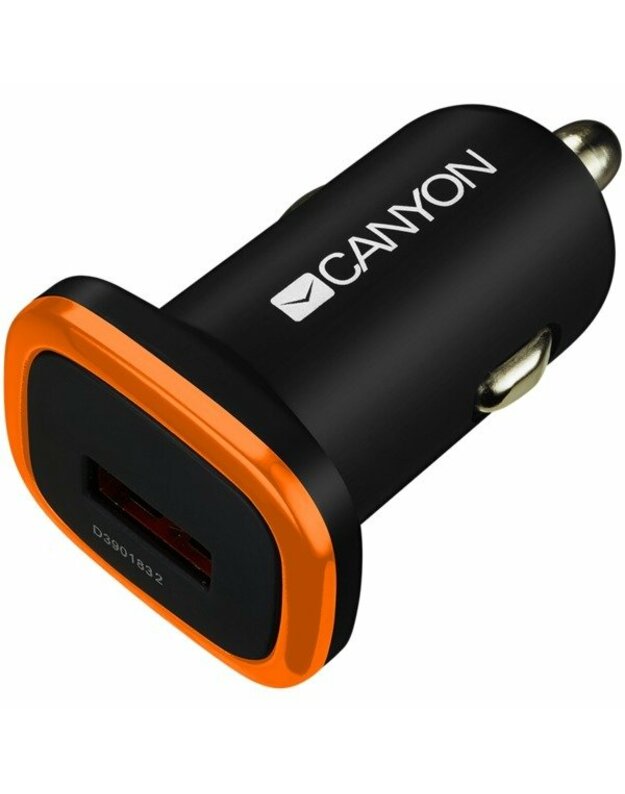 Automobilinis įkroviklis Canyon“ universalus 1xUSB, įėjimas 12–24 V, išėjimas 5 V – 1A, juodos gumos danga su oranžiniu elektrolitiniu žiedu (be LED apšvietimo), 51,8 * 31,2 * 26,2 mm, 0,016 kg