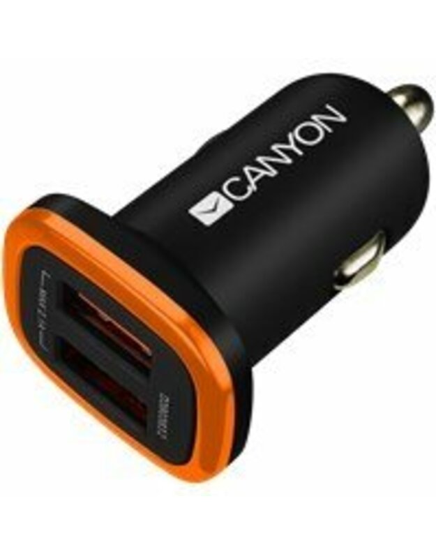 Automobilinis įkroviklis CANYON Universalus 2xUSB, įėjimas 12–24 V, išvestis 5–2,1 A, su „Smart IC“, juodos gumos danga su oranžiniu galvanizuotu žiedu (be LED apšvietimo), 51,8 * 31,2 * 26,2 mm, 0,016 kg