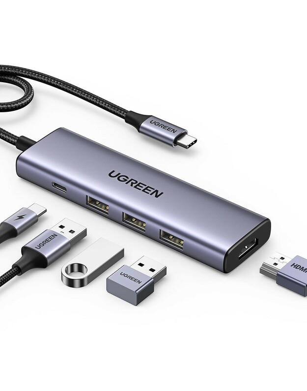 Adapteris Ugreen CM511 USB-C to HDMI 1.4 + 3xUSB-A + USB-C PD100W pilkas