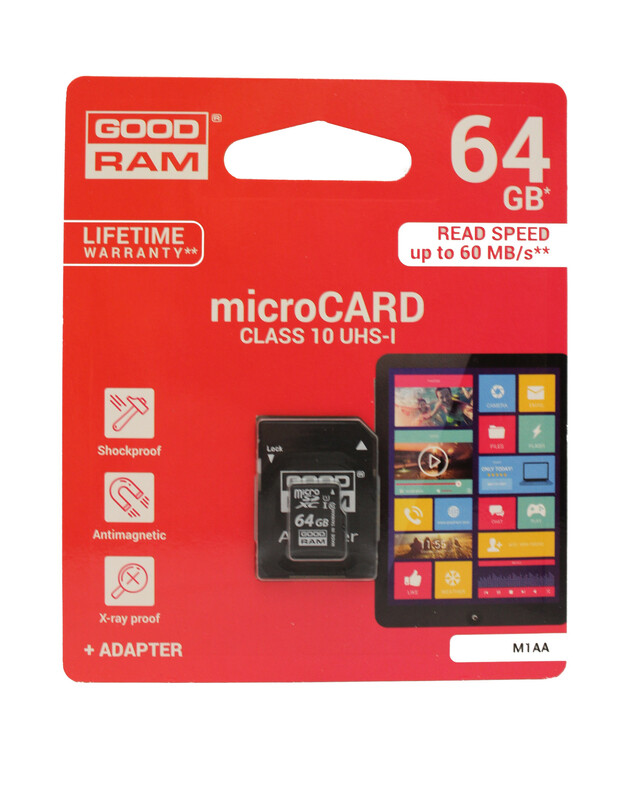 Atminties korta Goodram microSD 64Gb UHS I (class 10) + SD adapter