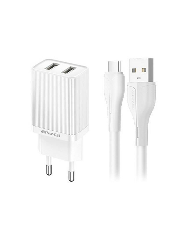 Įkroviklis Awei C15T-EU 2xUSB-A 10W + USB to USB-C cable baltas