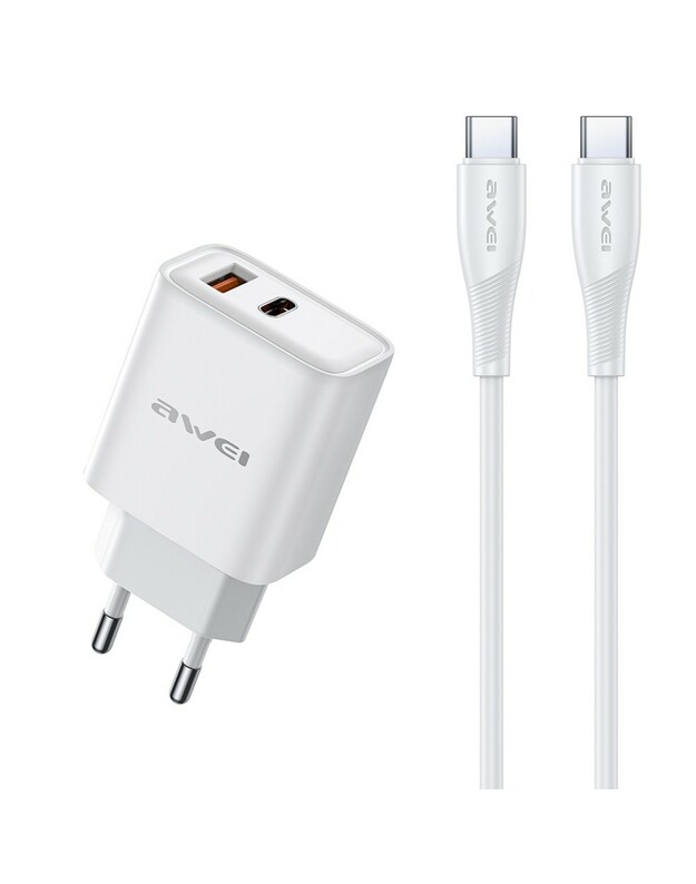 Įkroviklis Awei PD81C-EU USB-A/USB-C + USB-C to USB-C cable baltas