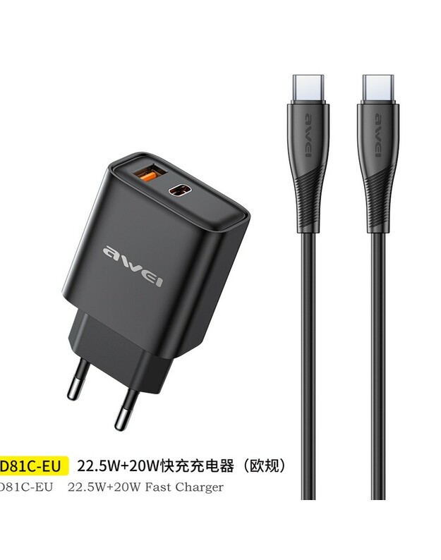 Įkroviklis Awei PD81C-EU USB-A/USB-C + USB-C to USB-C cable juodas