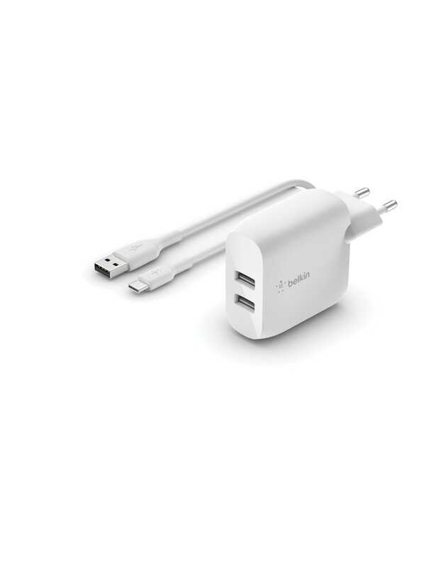 Įkroviklis buitinis Belkin Boost Charge Dual USB-A 24W + USB-A to USB-C kabelis baltas