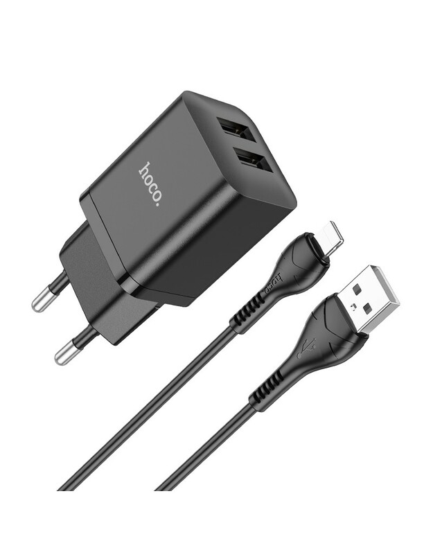 Įkroviklis Hoco N25 2xUSB-A (2.1A) + Lightning juodas