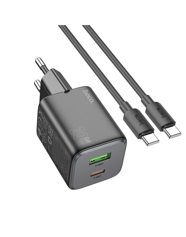 Įkroviklis Hoco N41 USB-A/USB-C PD20W+QC3.0 + USB-C to USB-C cable 1.0m juodas