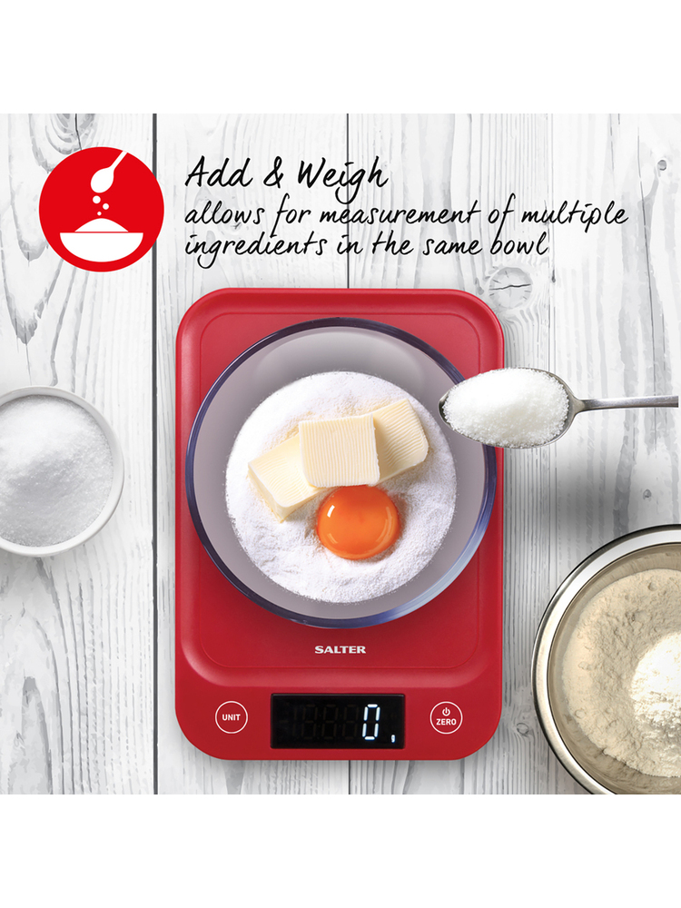 Salter 1067 RDDRA Digital Kitchen Scale, 5kg Capacity red