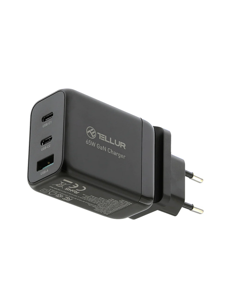 Tellur GaN 65W 3-port wall charger, 2xUSB-C + USB-A, EU,UK,US, black