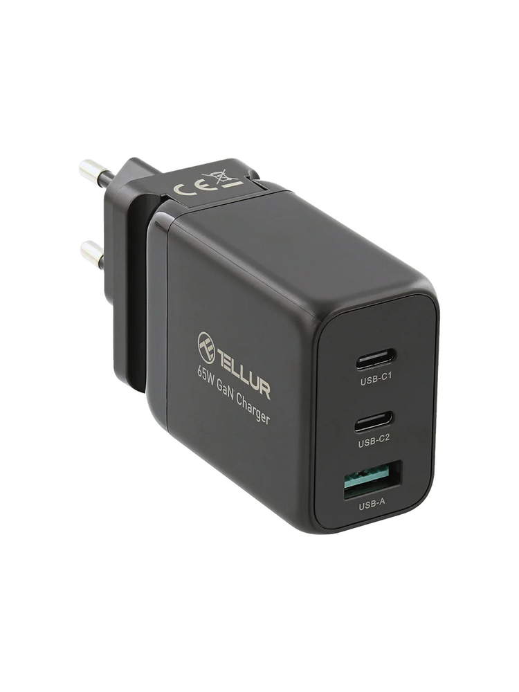 Tellur GaN 65W 3-port wall charger, 2xUSB-C + USB-A, EU,UK,US, black