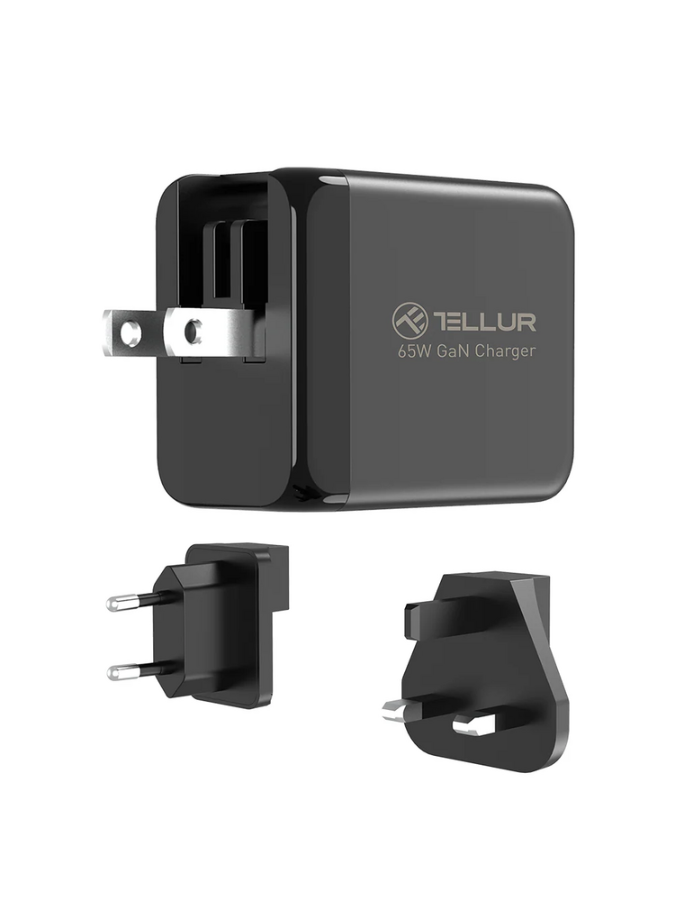 Tellur GaN 65W 3-port wall charger, 2xUSB-C + USB-A, EU,UK,US, black