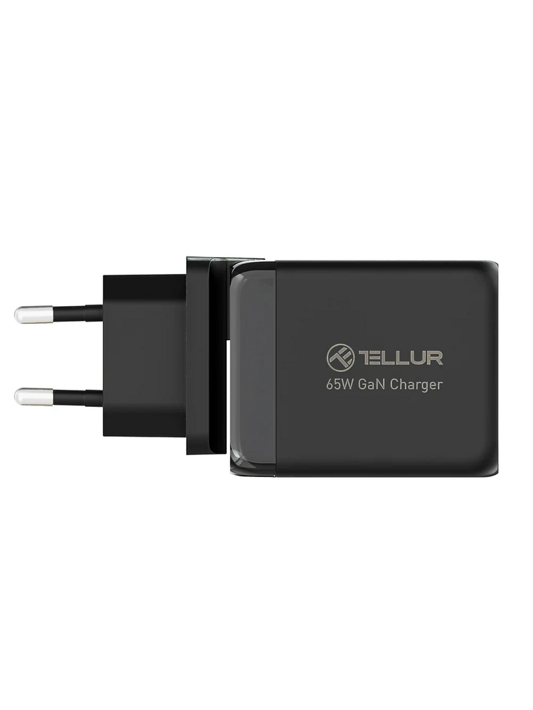 Tellur GaN 65W 3-port wall charger, 2xUSB-C + USB-A, EU,UK,US, black