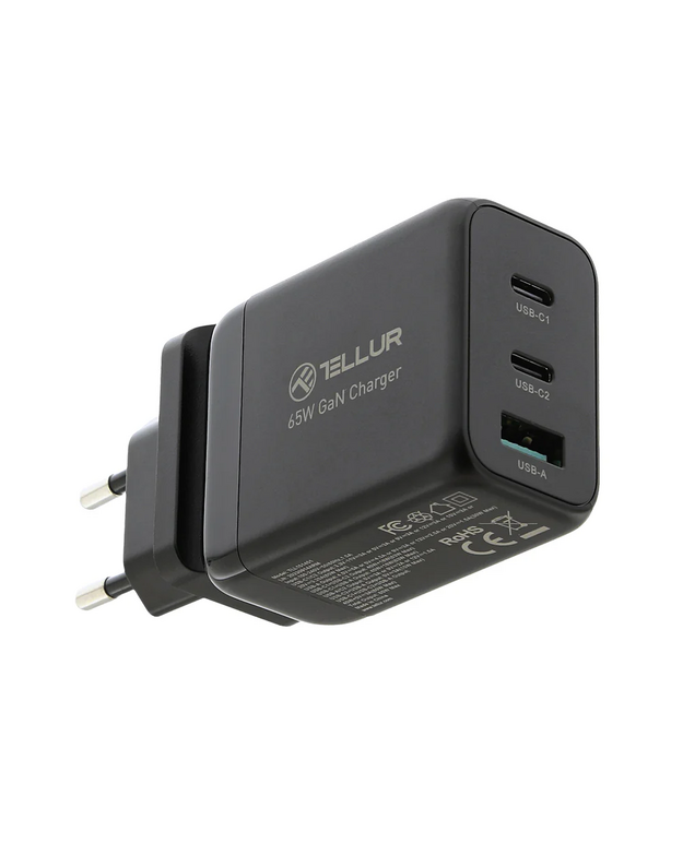 Tellur GaN 65W 3-port wall charger, 2xUSB-C + USB-A, EU,UK,US, black