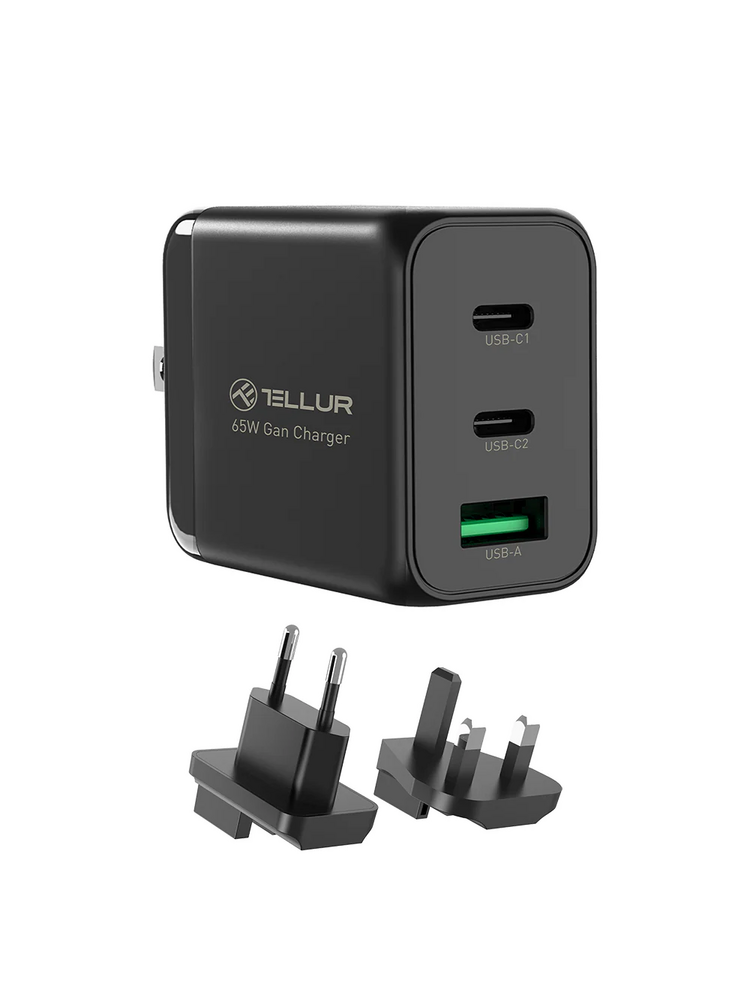 Tellur GaN 65W 3-port wall charger, 2xUSB-C + USB-A, EU,UK,US, black