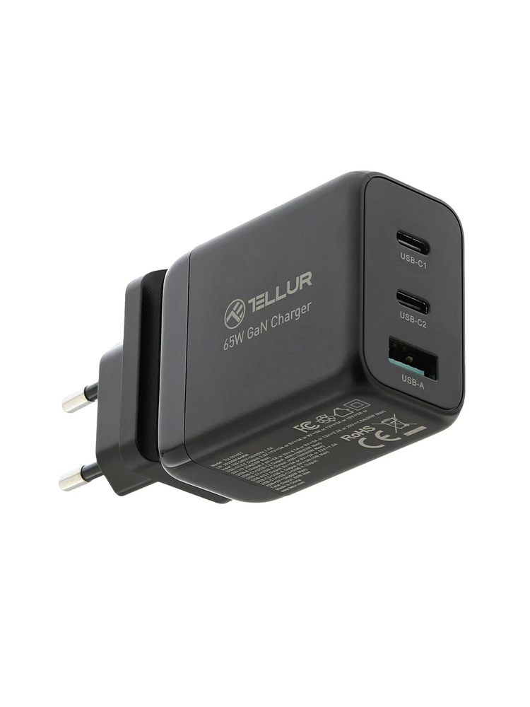 Tellur GaN 65W 3-port wall charger, 2xUSB-C + USB-A, EU,UK,US, black