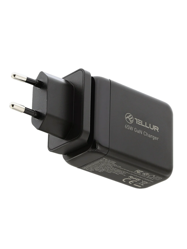 Tellur GaN 65W 3-port wall charger, 2xUSB-C + USB-A, EU,UK,US, black