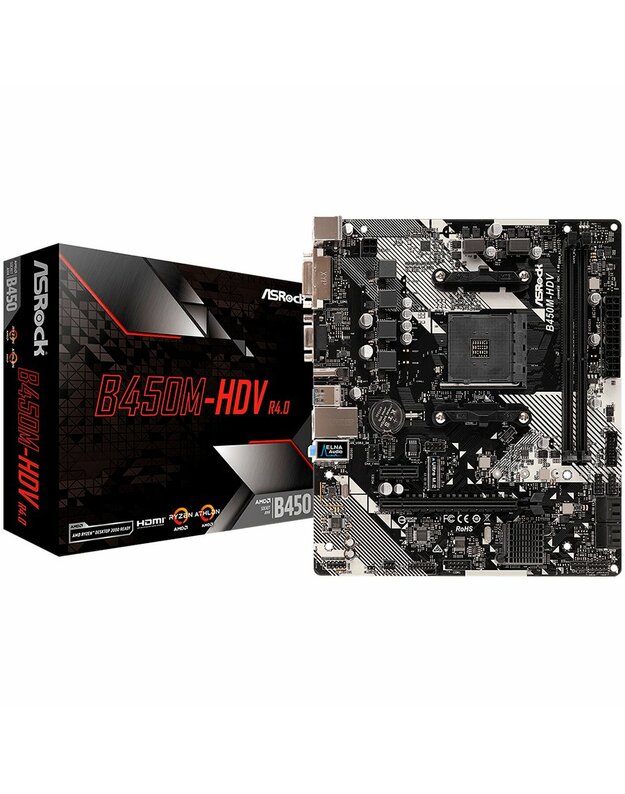 ASROCK Main Board Desktop B450M-HDV R4.0 (SAM4,2xDDR4,1xPCI 3.0x16,1xPCI Ex1,SATA III,1xM.2,1xUlraM.2,USB3.0,GLAN, VGA,DVI,HDMI,) mATX Retail