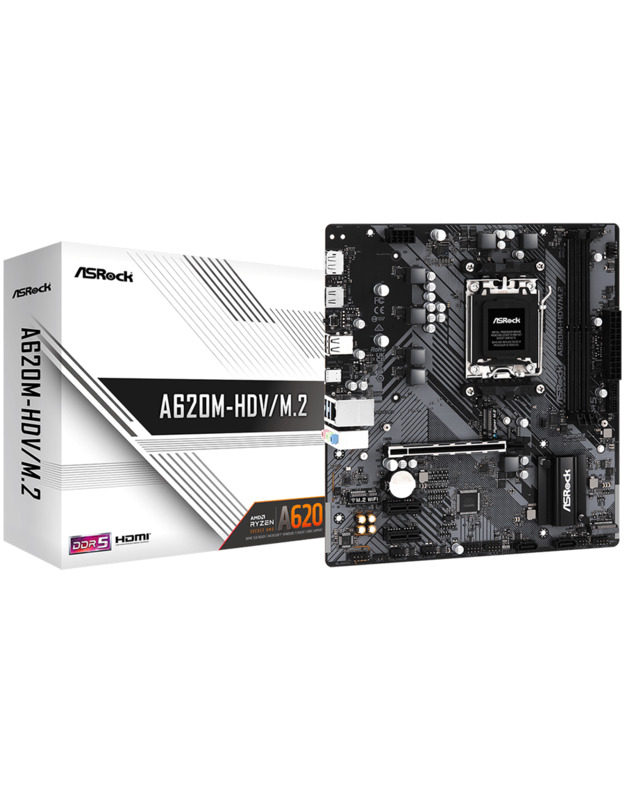 ASROCK MB Desktop A620M-HDV/M2, AM5, 2x DDR5, 1x PCIe 4.0 x16, 2x PCIe 3.0 x1, 1x Hyper M.2(PCIe Gen4x4), 2x SATA3 6.0 Gb/s, 1x HDMI, 1x DisplayPort, 1x Gbit LAN, 5x USB 3.2, 6x USB 2.0, 1x USB-C, Micro ATX