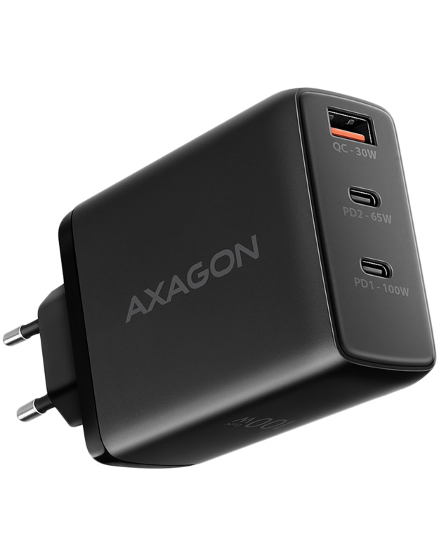 AXAGON ACU-DPQ100 GaN Wall charger, 3x port (USB + dual USB-C), PD3.0/QC4+/PPS/Apple, 100W, black