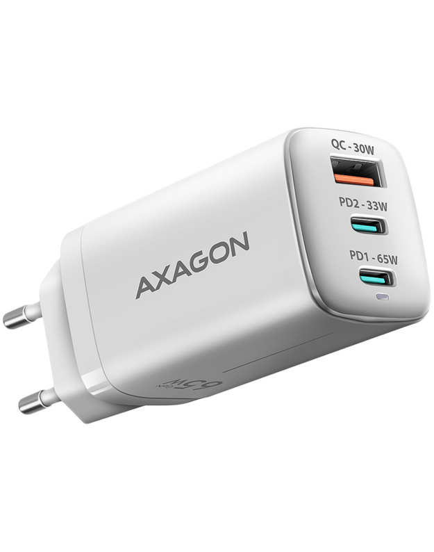 AXAGON ACU-DPQ65W GaN Wall charger, 3x port (USB + dual USB-C), PD3.0/QC4+/PPS/Apple, 65W, white