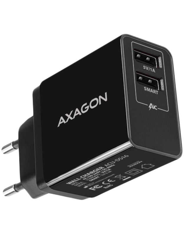 Axagon Dual wall charger <240V / 2x port 5V-2.2A + 5V-1A. 16W total power.