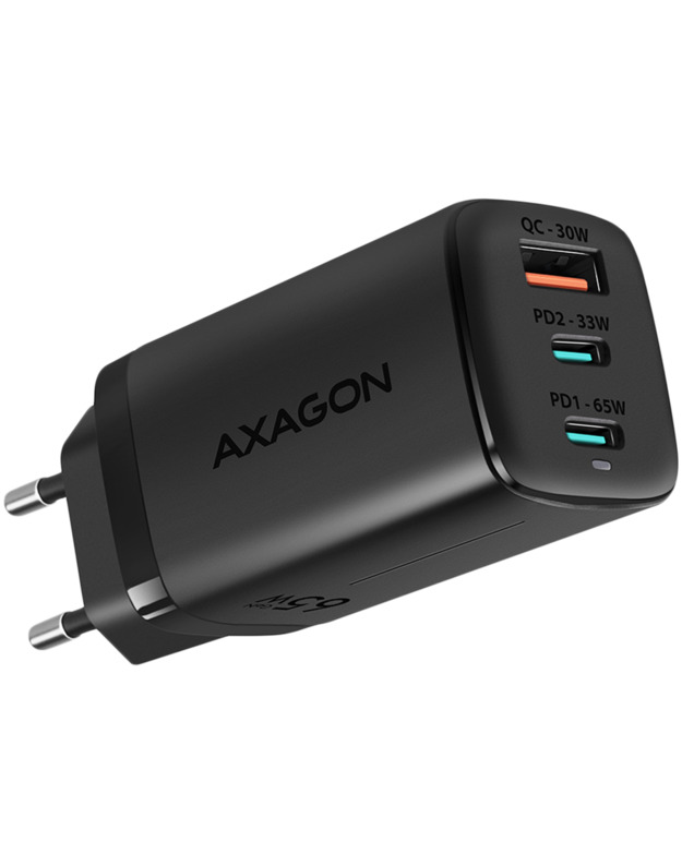 Axagon GaN wallcharger <240V / 3x port (USB + dual USB-C), PD3.0/QC4+/PPS/Apple. 65W total power.