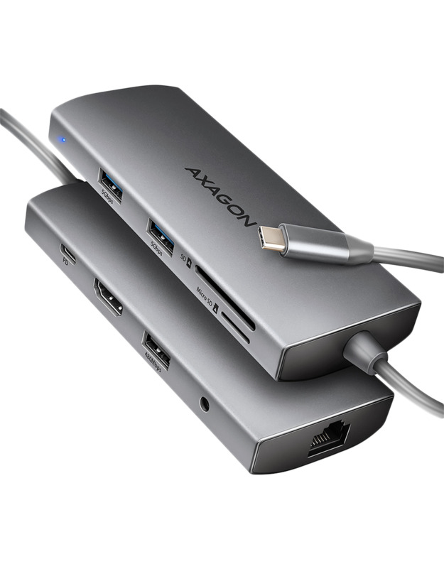 AXAGON HMC-8HLSA USB-C 3.2 Gen 1 hub, 3x USB-A + 4K/30Hz HDMI + SD/microSD, GLAN, Audio, PD 100W, 20cm USB-C cable