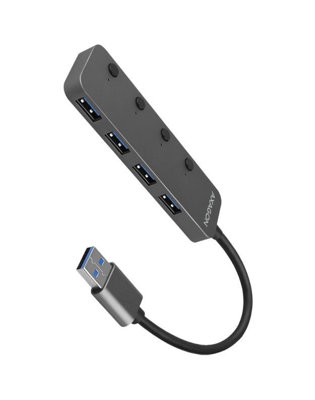 AXAGON HUE-MSA 4x USB3.2 Gen 1 SWITCH hub, metal, micro USB power IN, 20cm USB-A cable