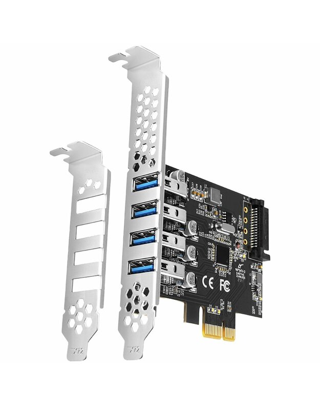 Axagon PCI-Express card with four external USB 3.2 Gen1 ports with dual power. Renesas chipset. Standard & Low profile.