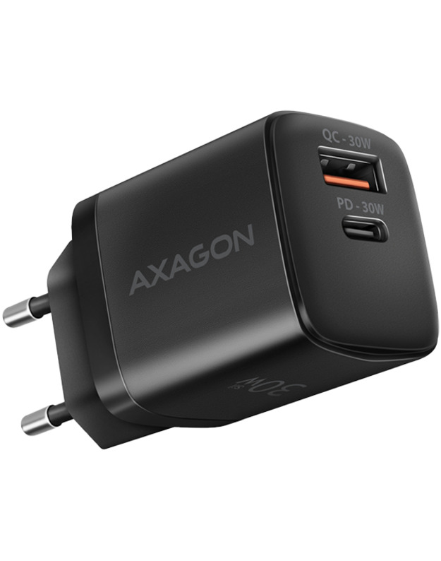 Axagon Sil wallcharger 2x port (USB-A + USB-C), PD3.0/QC4+/PPS/AFC/Apple. 30W total power.