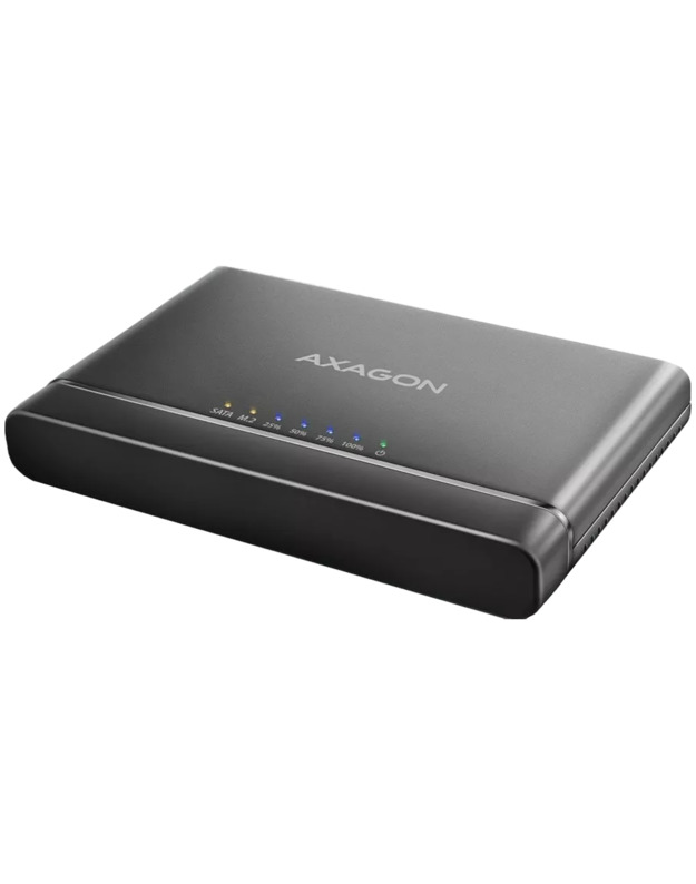 Axagon USB 3.2 Gen 2 adapter for connecting NVMe M.2 SSDs and SATA 2.5"/3.5" drives with cloning function.