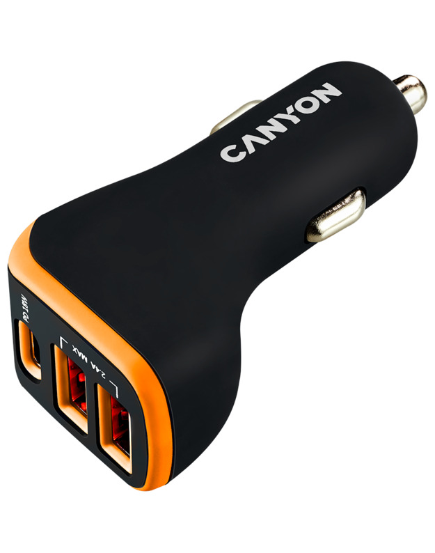 CANYON car charger C-08 PD 18W USB-C 2USB-A Black Orange