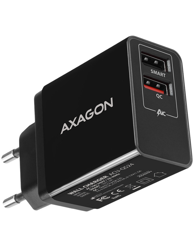 Dual wallcharger <240V / 2x USB port QC3.0/AFC/FCP + 5V-1.2A. 24W total power.