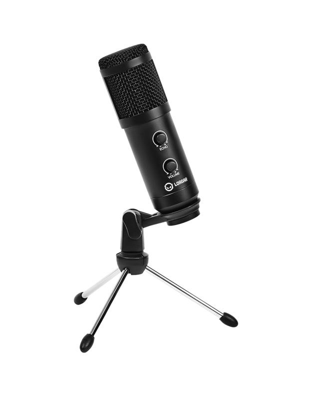 LORGAR Soner 313, Gaming Microphone, USB condenser microphone with Volume Knob & Echo Knob, Frequency Response: 80 Hz—17 kHz, including 1x Microphone, 1 x 2.5M USB Cable, 1 x Tripod Stand, dimensions: Ø47.4*158.2*48.1mm, weight: 243.0g, Black