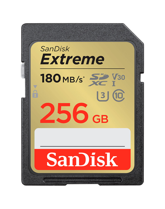 SanDisk Extreme 256GB SDXC Memory Card + 1 year RescuePRO Deluxe up to 180MB/s & 130MB/s Read/Write speeds, UHS-I, Class 10, U3, V30, EAN: 619659188948