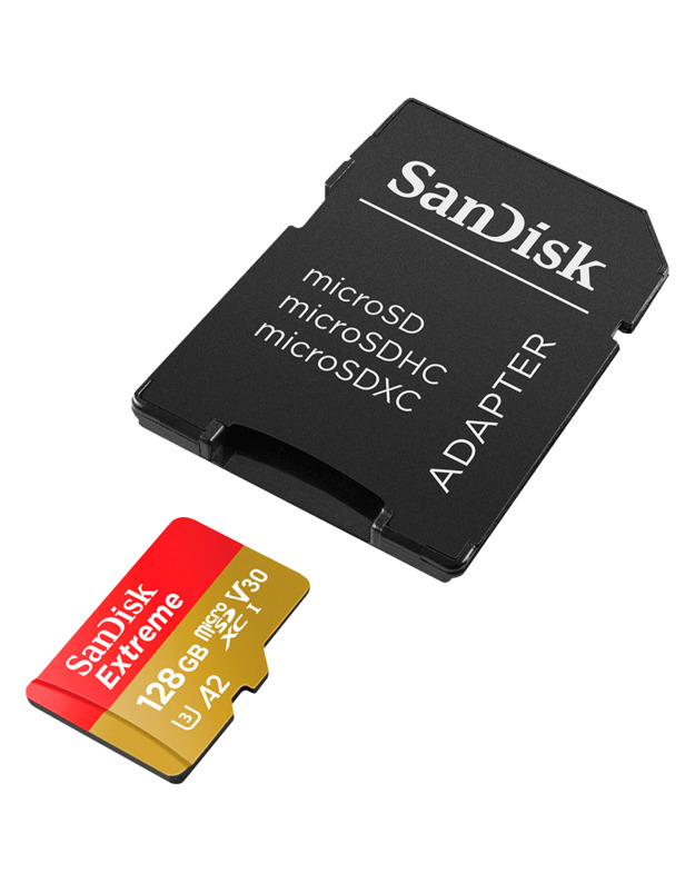 SanDisk Extreme microSDXC 128GB for Action Cams and Drones + SD Adapter + 1 year RescuePRO Deluxe up to 190MB/s & 90MB/s Read/Write speeds A2 C10 V30 UHS-I U3, EAN: 619659189488