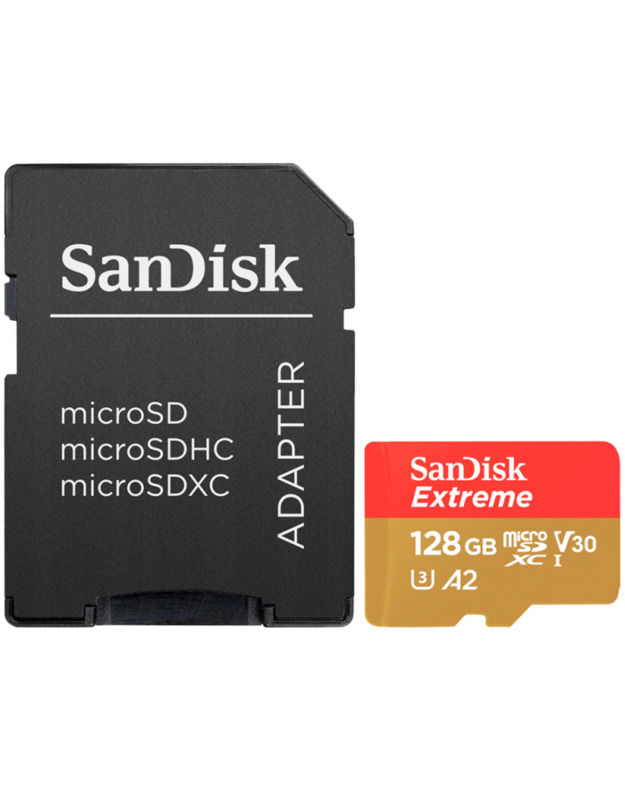 SanDisk Extreme microSDXC 128GB + SD Adapter + 1 year RescuePRO Deluxe up to 190MB/s & 90MB/s Read/Write speeds A2 C10 V30 UHS-I U3, EAN: 619659188450