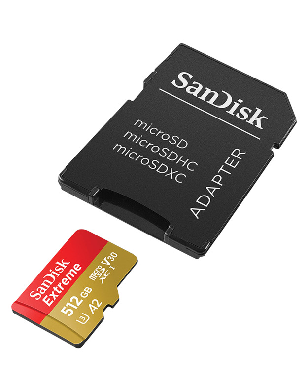 SanDisk Extreme microSDXC 512GB + SD Adapter + 1 year RescuePRO Deluxe up to 190MB/s & 130MB/s Read/Write speeds A2 C10 V30 UHS-I U3, EAN: 619659189648