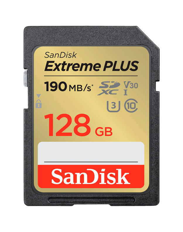 SanDisk Extreme PLUS 128GB SDXC Memory Card + 2 years RescuePRO Deluxe up to 190MB/s & 90MB/s Read/Write speeds, UHS-I, Class 10, U3, V30, EAN: 619659189389