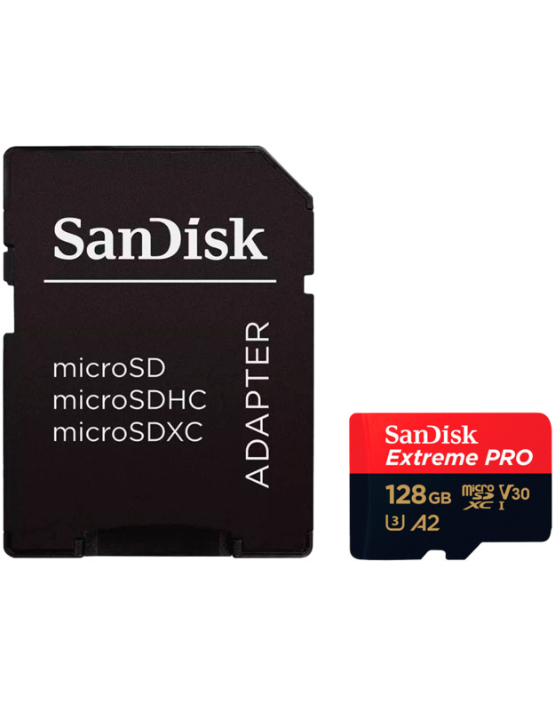 SanDisk Extreme PRO microSDXC 128GB + SD Adapter + 2 years RescuePRO Deluxe up to 200MB/s & 90MB/s Read/Write speeds A2 C10 V30 UHS-I U3, EAN: 619659188528